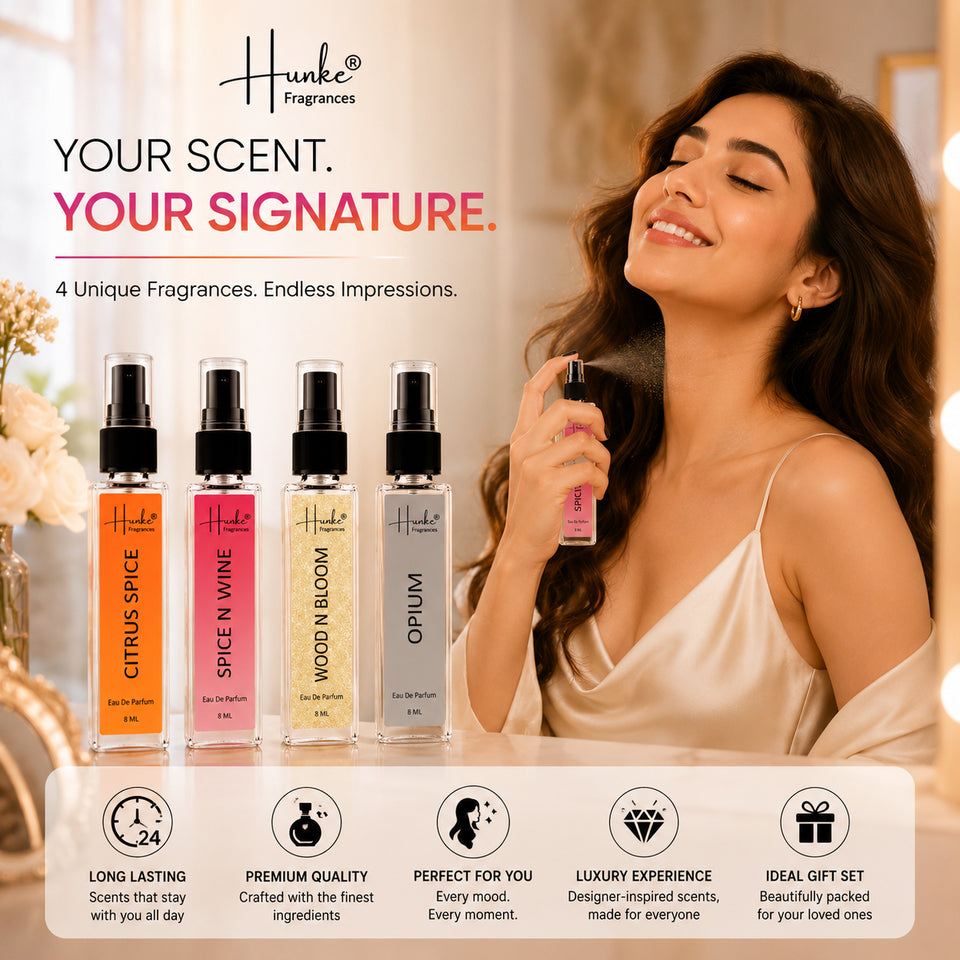 HUNKE EDP Inspired Perfume Set for Men & Women | Set of 4 Premium Long Lasting Fragrances | 8 ml Each | Travel Size Mini Perfume Gift Set | Eau de Parfum Collection - Citrus Spice, Spice N Wine, Wood n bloom, Opium