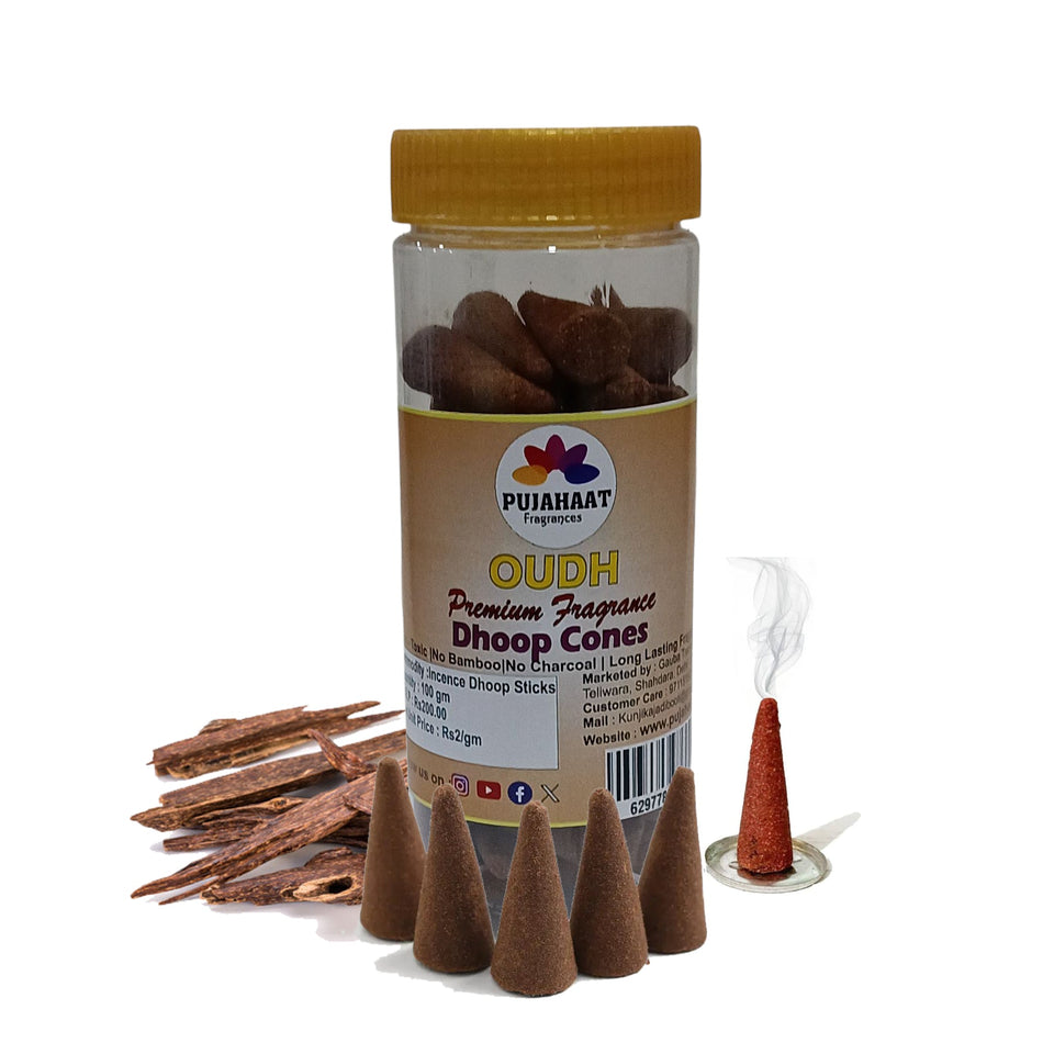 Pujahaat Premium Scented Incense Dhoop Cone | No Charcoal No Bamboo | for Pooja, Rituals & Special Occasions, Aromatherapy Oudh Fragrance