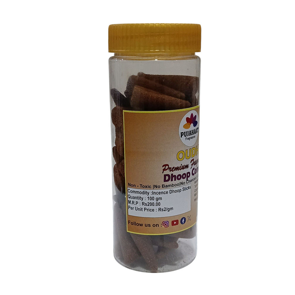 Pujahaat Premium Scented Incense Dhoop Cone | No Charcoal No Bamboo | for Pooja, Rituals & Special Occasions, Aromatherapy Oudh Fragrance