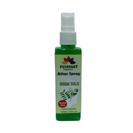 Neem Tulsi Attar Spray by Pujahaat | 100ml Non Alcoholic Spray | Religious Mist | Air Freshener, Room Mist, Fabric & Linen Spray | Perfect for Prayers Rooms, Living Room, sofas, curtains, car