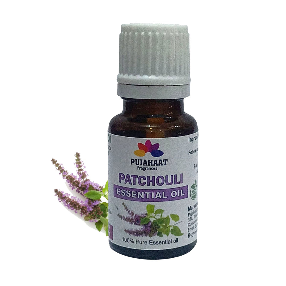 Pujahaat Patchouli Natural Essential Oil for Undiluted Therapeutic grade for Skin Care, Hair Care, Relief from Stress & Anxiety and Aromatherapy - Vegan & Cruelty free - 15 ml