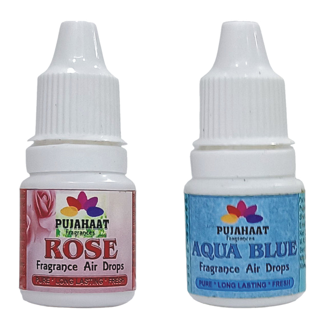 Pujahaat Premium Rose, Aqua Blue Fragrance Air drops Air freshener for room, bathroom, toilet, car, wardrobes -Pack of 2 (2 x 5ml)