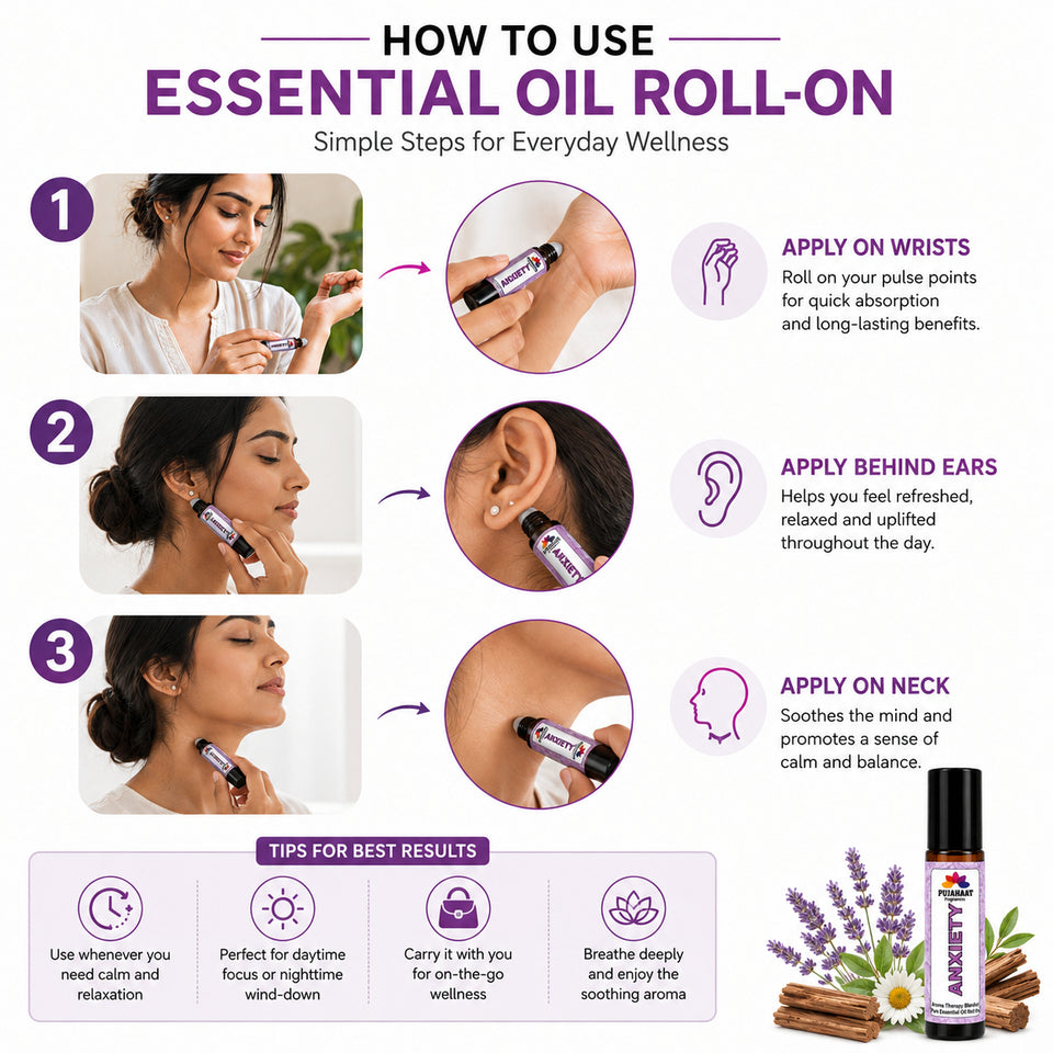 Pujahaat Anxiety Relief Aromatherapy Roll-on | Blend of pure & natural Essential Oils |  for Mind & Body | Crafted by Certified Aromatherapists 10ml/0.33 fl oz - Anxiety Relief Roll-on