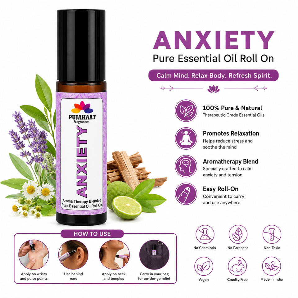 Pujahaat Anxiety Relief Aromatherapy Roll-on | Blend of pure & natural Essential Oils |  for Mind & Body | Crafted by Certified Aromatherapists 10ml/0.33 fl oz - Anxiety Relief Roll-on