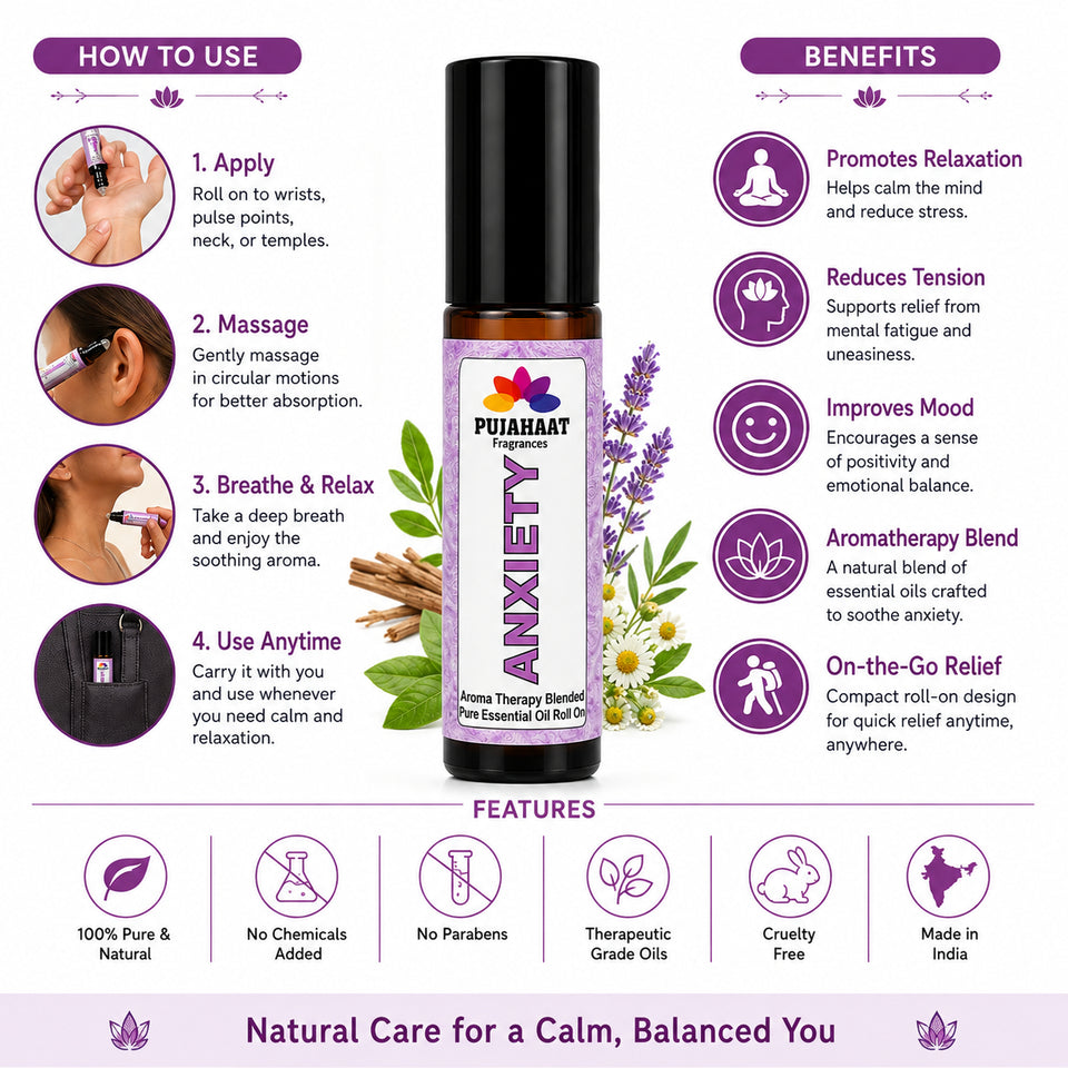 Pujahaat Anxiety Relief Aromatherapy Roll-on | Blend of pure & natural Essential Oils |  for Mind & Body | Crafted by Certified Aromatherapists 10ml/0.33 fl oz - Anxiety Relief Roll-on