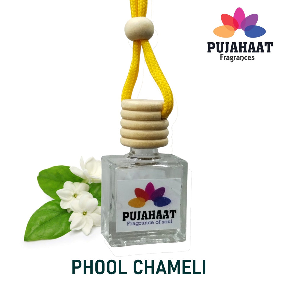 Car Perfume Hanging Pod 10 ml Phool Chameli Premium Fragrance by Pujahaat | High Diffusion with Premium Fragrance Oils with Wooden Diffuser Lid | Long Lasting | Lasts Up to 45 Days - Phool Chameli