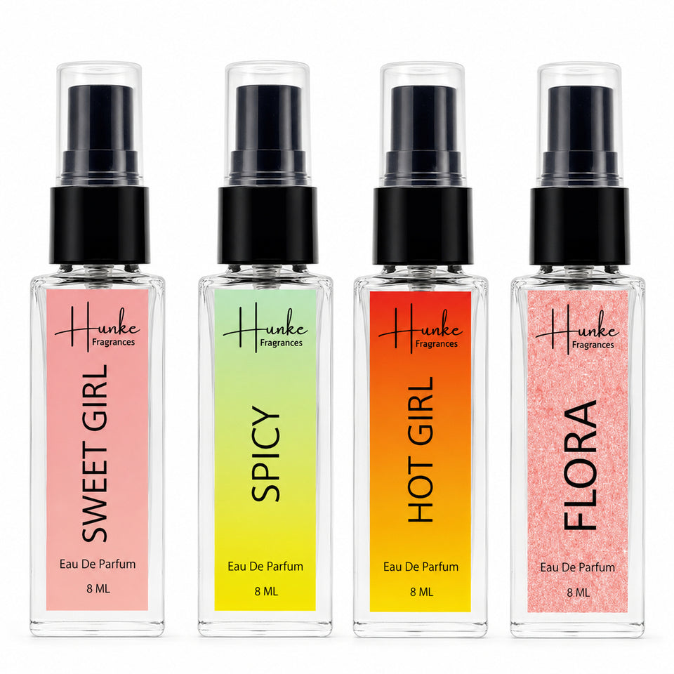 HUNKE EDP Inspired Perfume Set for Men & Women | Set of 4 Premium Long Lasting Fragrances | 8 ml Each | Travel Size Mini Perfume Gift Set | Eau de Parfum Collection - Sweet Girl, Spicy, Flora, Hot Girl