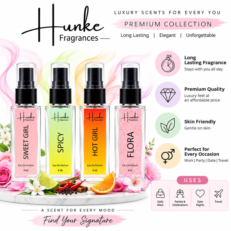 HUNKE EDP Inspired Perfume Set for Men & Women | Set of 4 Premium Long Lasting Fragrances | 8 ml Each | Travel Size Mini Perfume Gift Set | Eau de Parfum Collection - Sweet Girl, Spicy, Flora, Hot Girl