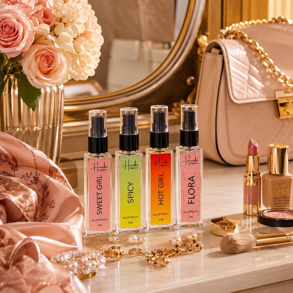 HUNKE EDP Inspired Perfume Set for Men & Women | Set of 4 Premium Long Lasting Fragrances | 8 ml Each | Travel Size Mini Perfume Gift Set | Eau de Parfum Collection - Sweet Girl, Spicy, Flora, Hot Girl