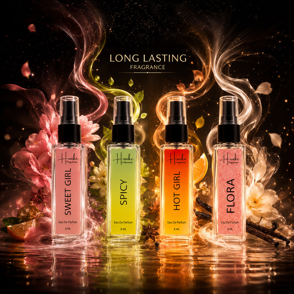 HUNKE EDP Inspired Perfume Set for Men & Women | Set of 4 Premium Long Lasting Fragrances | 8 ml Each | Travel Size Mini Perfume Gift Set | Eau de Parfum Collection - Sweet Girl, Spicy, Flora, Hot Girl