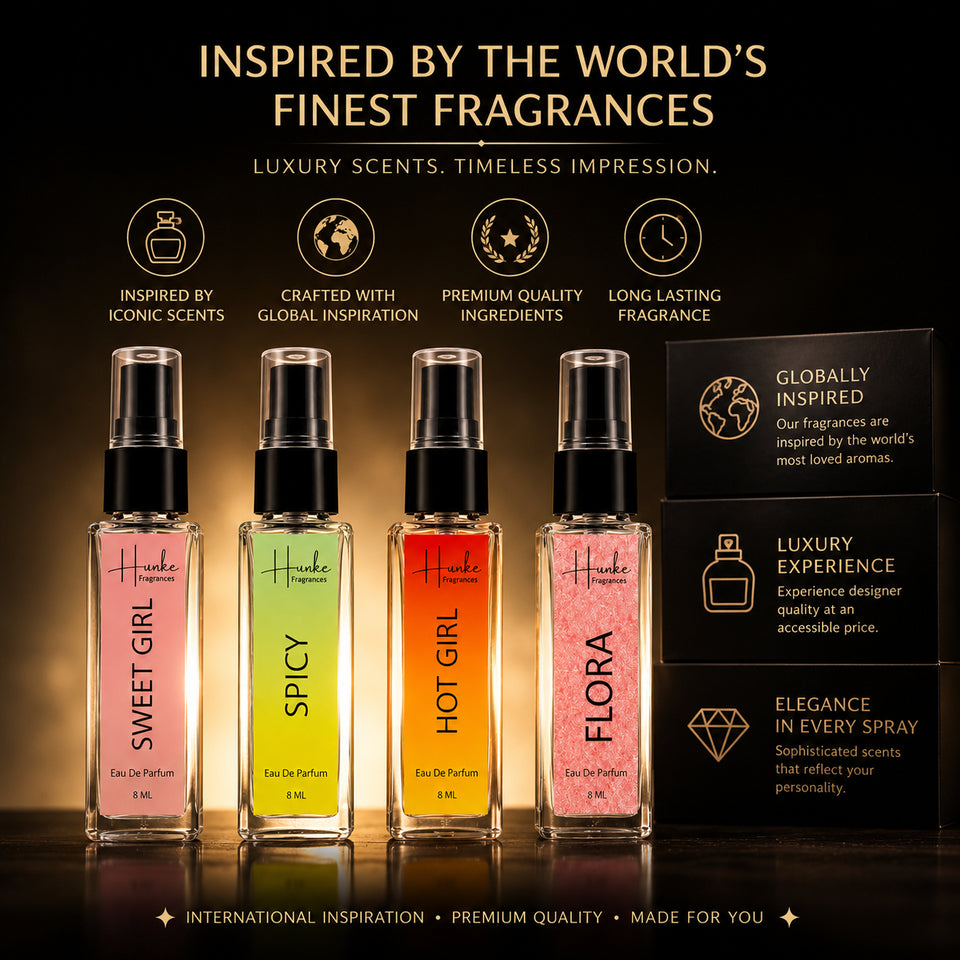 HUNKE EDP Inspired Perfume Set for Men & Women | Set of 4 Premium Long Lasting Fragrances | 8 ml Each | Travel Size Mini Perfume Gift Set | Eau de Parfum Collection - Sweet Girl, Spicy, Flora, Hot Girl
