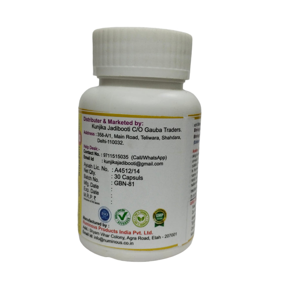Kunjika Jadibooti Bhringraj Extract 500mg Capsules, Ayurvedic Supplements | Supports Healthy Hair for Women & Men| For Hair Fall & Graying | 30 Capsules