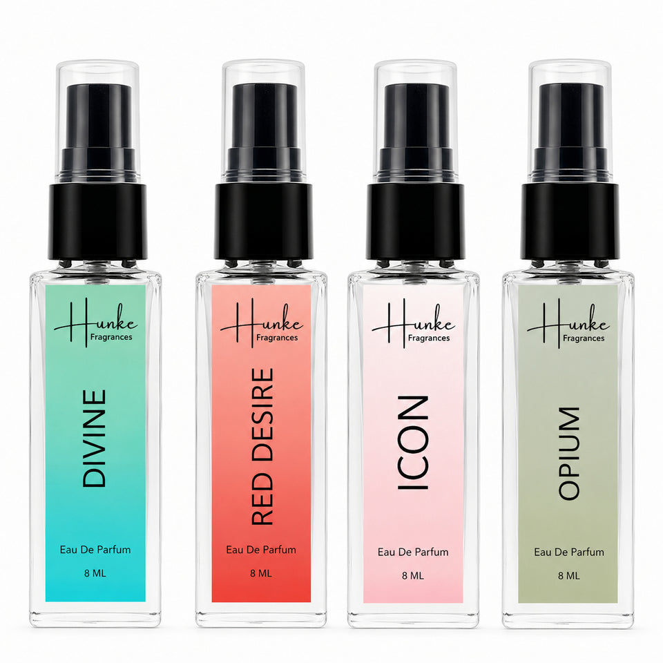 HUNKE EDP Inspired Perfume Set for Men & Women | Set of 4 Premium Long Lasting Fragrances | 8 ml Each | Travel Size Mini Perfume Gift Set | Eau de Parfum Collection - Divine, Red Desire, Icon, Opium