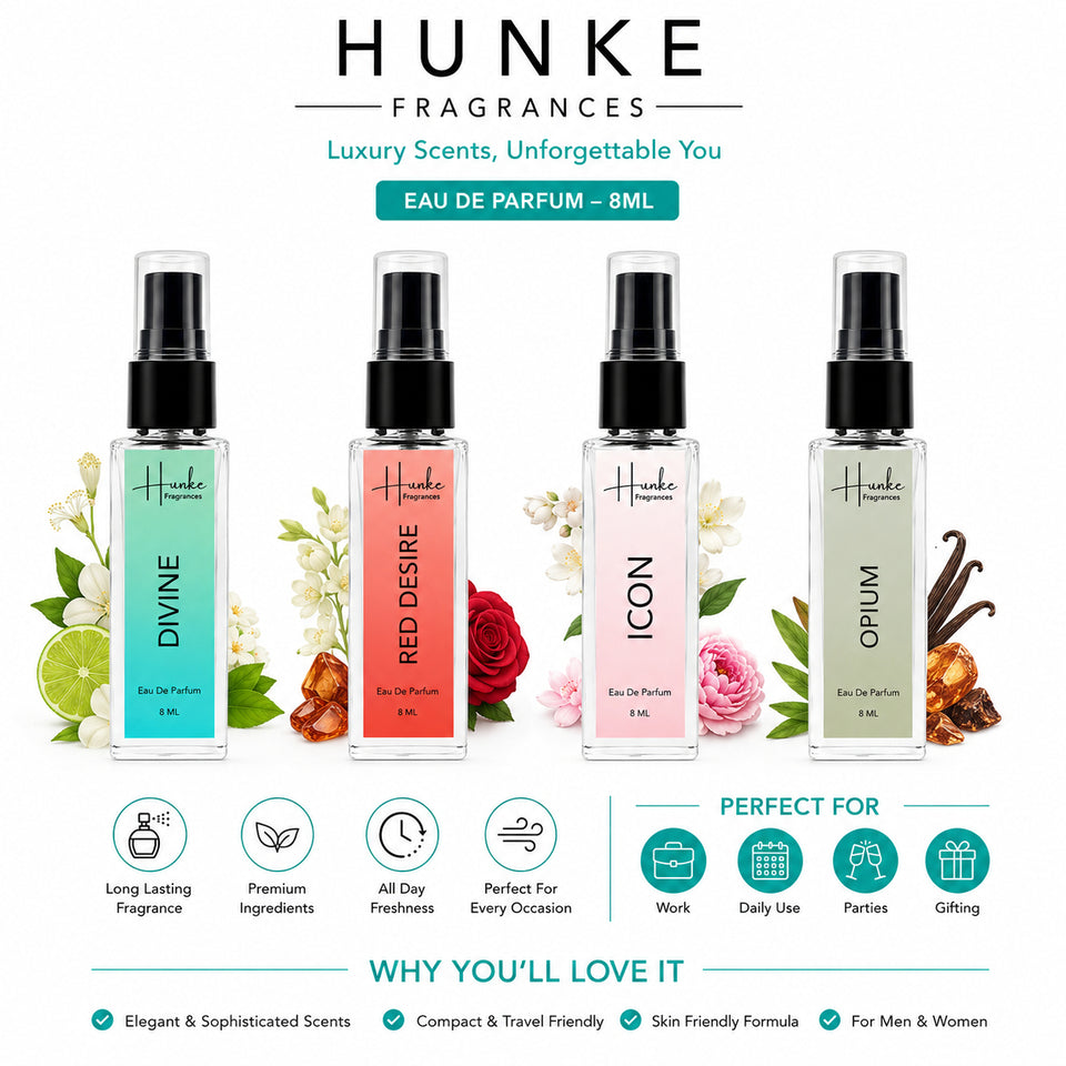 HUNKE EDP Inspired Perfume Set for Men & Women | Set of 4 Premium Long Lasting Fragrances | 8 ml Each | Travel Size Mini Perfume Gift Set | Eau de Parfum Collection - Divine, Red Desire, Icon, Opium