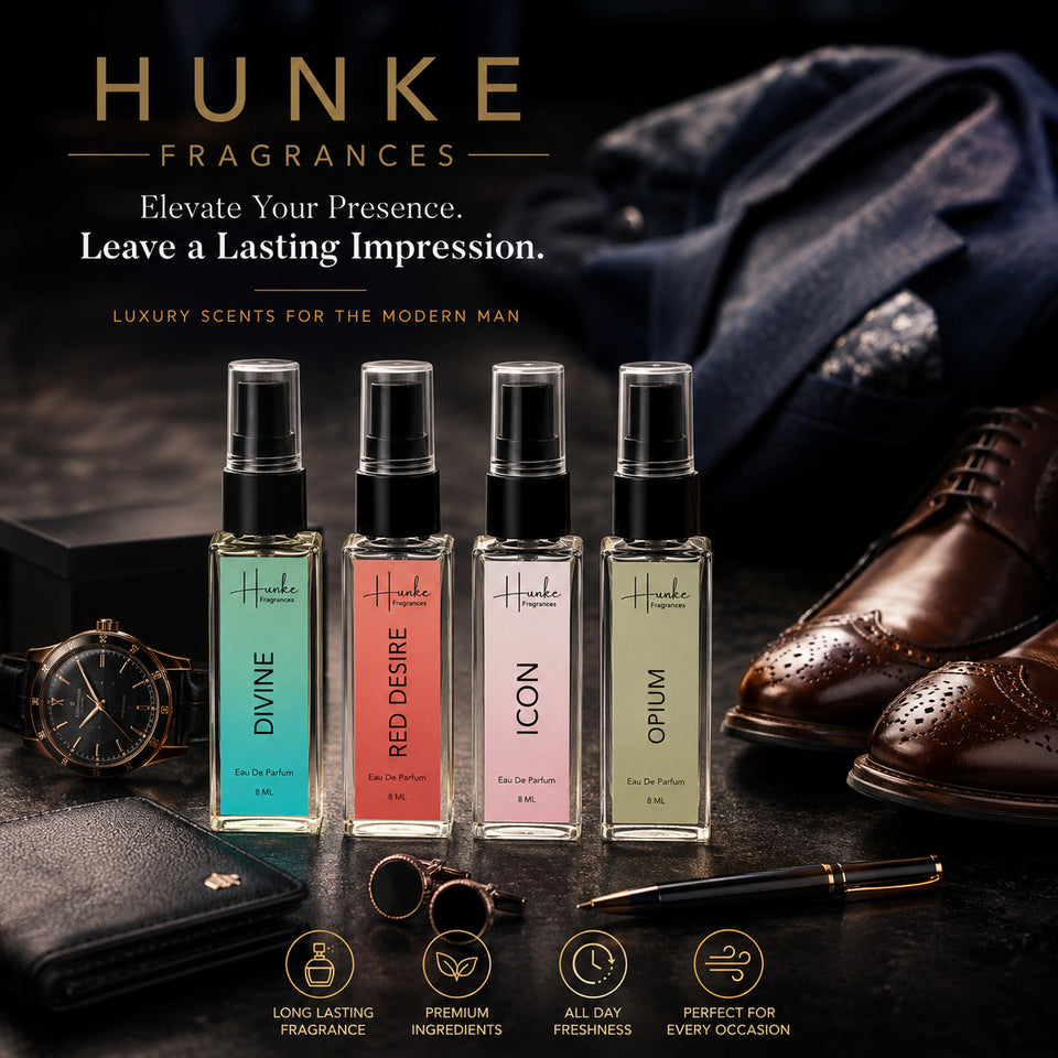 HUNKE EDP Inspired Perfume Set for Men & Women | Set of 4 Premium Long Lasting Fragrances | 8 ml Each | Travel Size Mini Perfume Gift Set | Eau de Parfum Collection - Divine, Red Desire, Icon, Opium