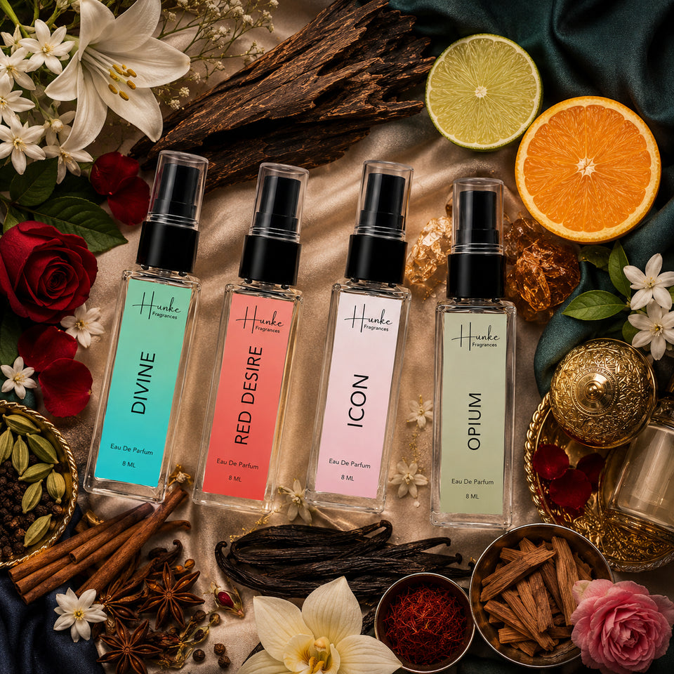 HUNKE EDP Inspired Perfume Set for Men & Women | Set of 4 Premium Long Lasting Fragrances | 8 ml Each | Travel Size Mini Perfume Gift Set | Eau de Parfum Collection - Divine, Red Desire, Icon, Opium