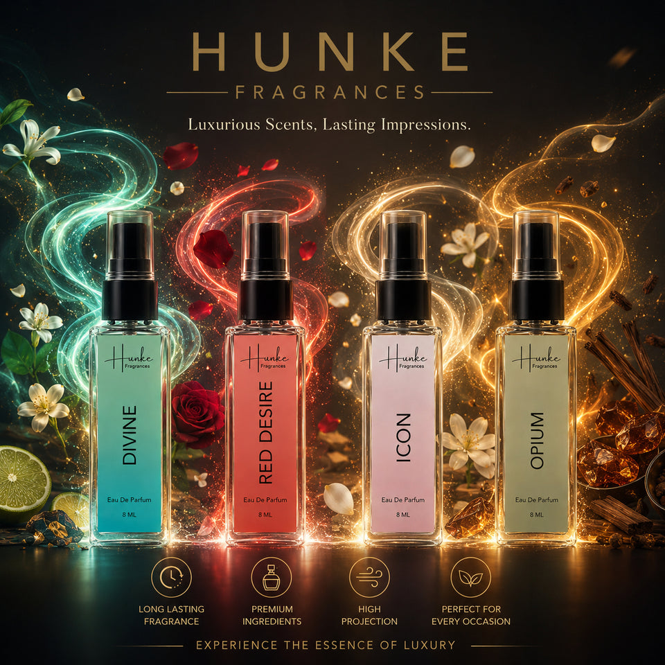 HUNKE EDP Inspired Perfume Set for Men & Women | Set of 4 Premium Long Lasting Fragrances | 8 ml Each | Travel Size Mini Perfume Gift Set | Eau de Parfum Collection - Divine, Red Desire, Icon, Opium