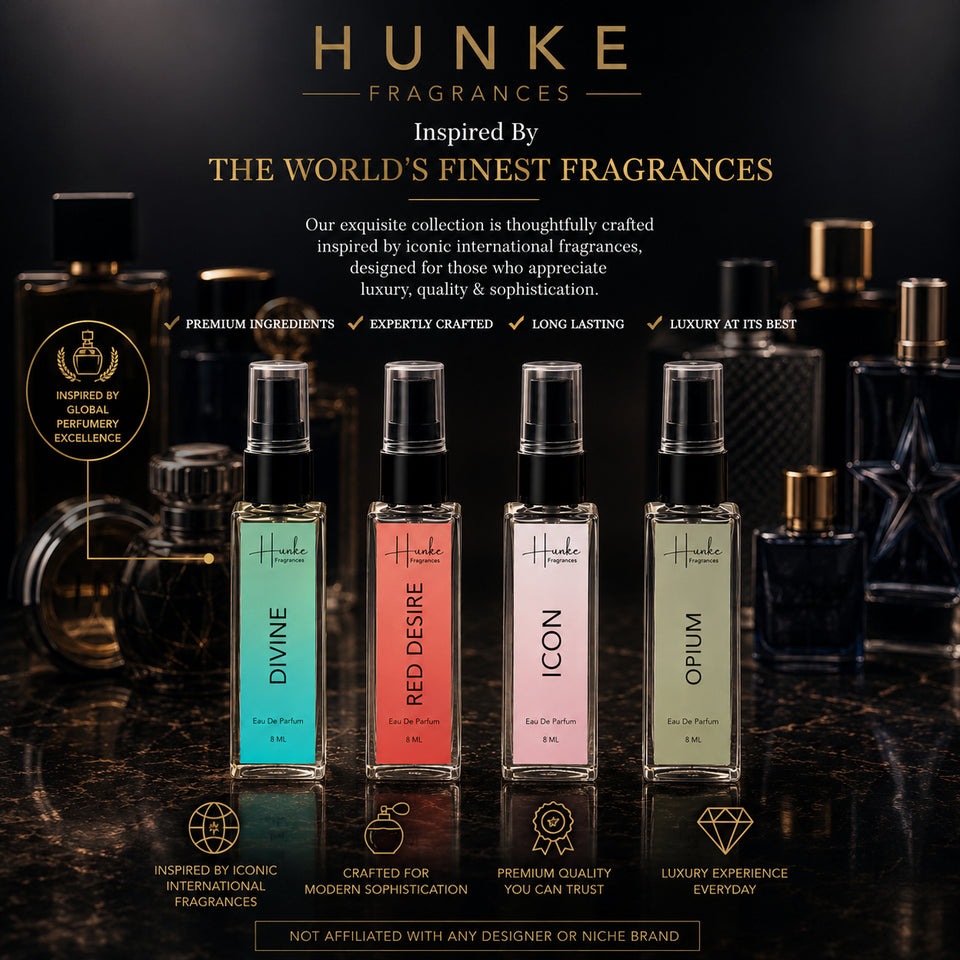HUNKE EDP Inspired Perfume Set for Men & Women | Set of 4 Premium Long Lasting Fragrances | 8 ml Each | Travel Size Mini Perfume Gift Set | Eau de Parfum Collection - Divine, Red Desire, Icon, Opium