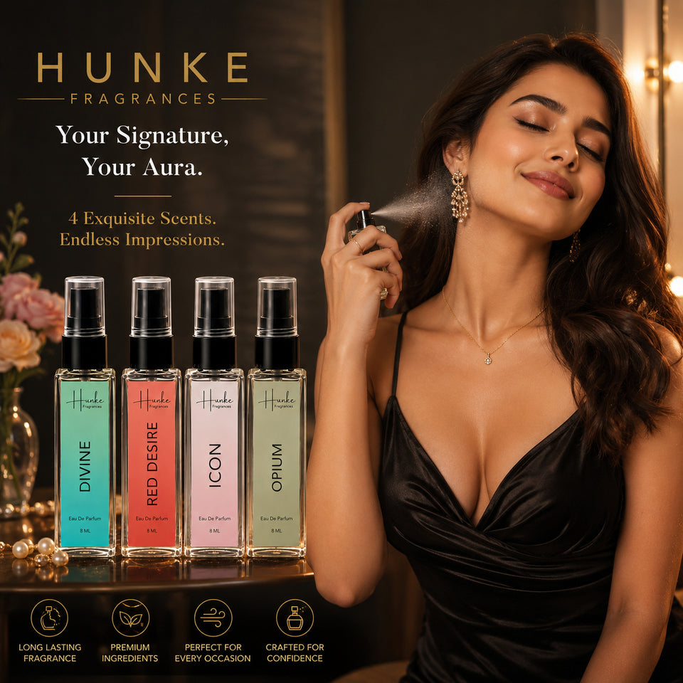 HUNKE EDP Inspired Perfume Set for Men & Women | Set of 4 Premium Long Lasting Fragrances | 8 ml Each | Travel Size Mini Perfume Gift Set | Eau de Parfum Collection - Divine, Red Desire, Icon, Opium