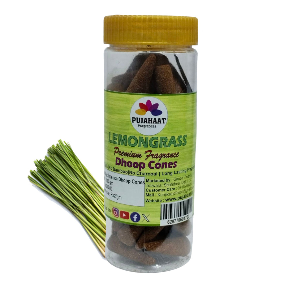 Pujahaat Premium Scented Incense Dhoop Cone | No Charcoal No Bamboo | for Pooja, Rituals & Special Occasions, Aromatherapy Lemongrass Fragrance