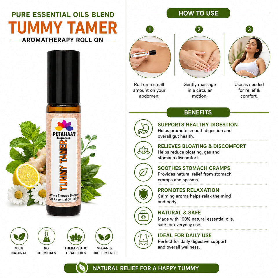 Pujahaat Tummy Tamer Aromatherapy Roll-on | Blend of pure & natural Essential Oils |  for Mind & Body | Crafted by Certified Aromatherapists 10ml/0.33 fl oz - Tummy Tamer Roll-on