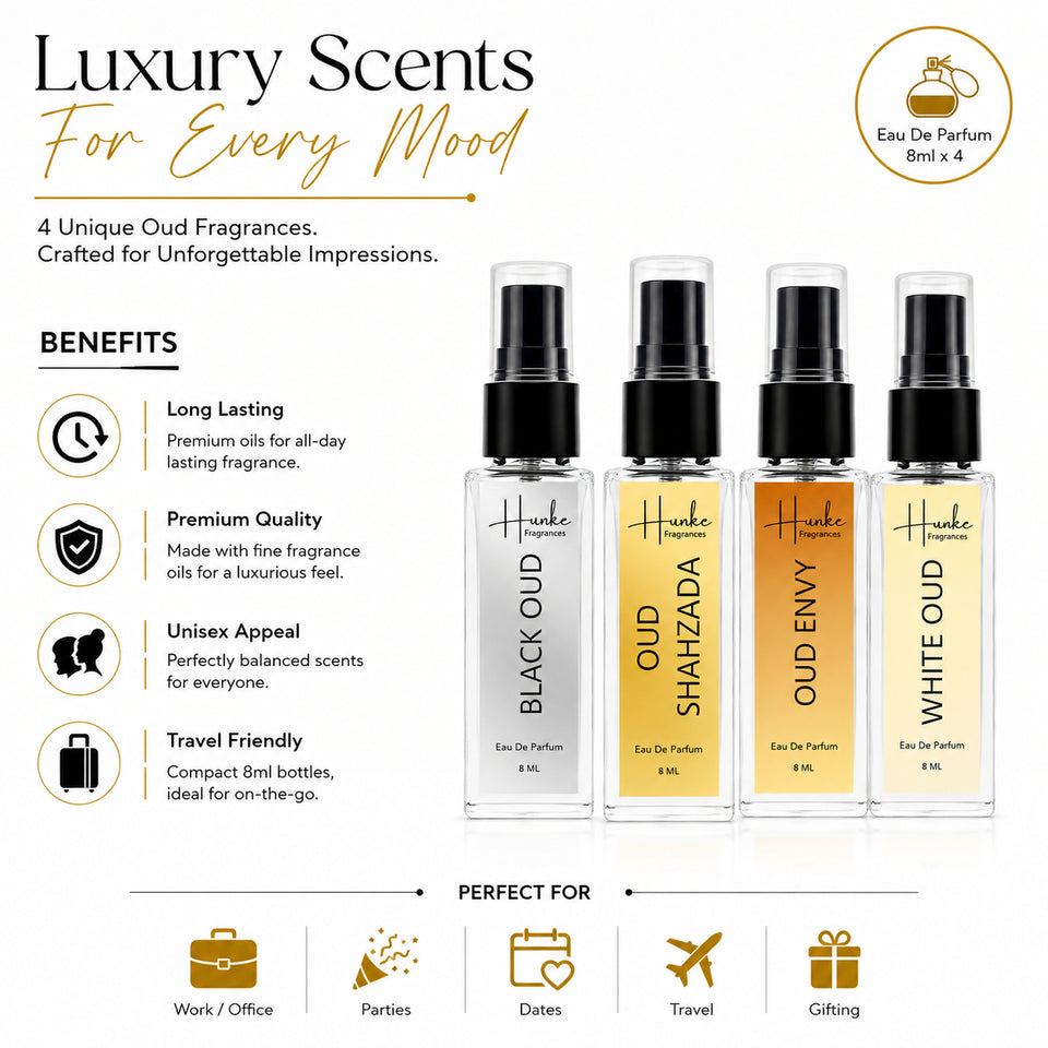 HUNKE EDP Inspired Perfume Set for Men & Women | Set of 4 Premium Long Lasting Fragrances | 8 ml Each | Travel Size Mini Perfume Gift Set | Eau de Parfum Collection - Black Oud, Oud Shahzada, Oud Envy, White Oud