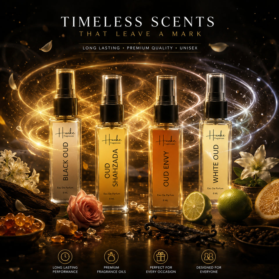 HUNKE EDP Inspired Perfume Set for Men & Women | Set of 4 Premium Long Lasting Fragrances | 8 ml Each | Travel Size Mini Perfume Gift Set | Eau de Parfum Collection - Black Oud, Oud Shahzada, Oud Envy, White Oud