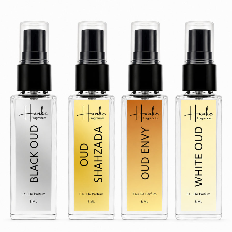 HUNKE EDP Inspired Perfume Set for Men & Women | Set of 4 Premium Long Lasting Fragrances | 8 ml Each | Travel Size Mini Perfume Gift Set | Eau de Parfum Collection - Black Oud, Oud Shahzada, Oud Envy, White Oud