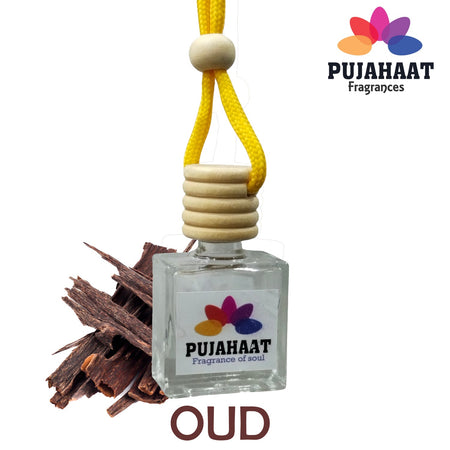 Oudh Car Perfume Hanging Pod 10ml Premium Fragrance by Pujahaat | High Diffusion with Fragrance Oils with Wooden Diffuser Lid | Long Lasting | Lasts Up to 45 Days - Oudh