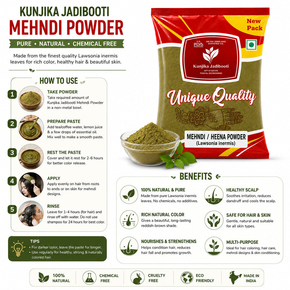 Kunjika Jadibooti Mehandi Leaves Powder | Henna Mehandi Leaves | Whole Natural Pure Henna Leaves Powder - 100 gm