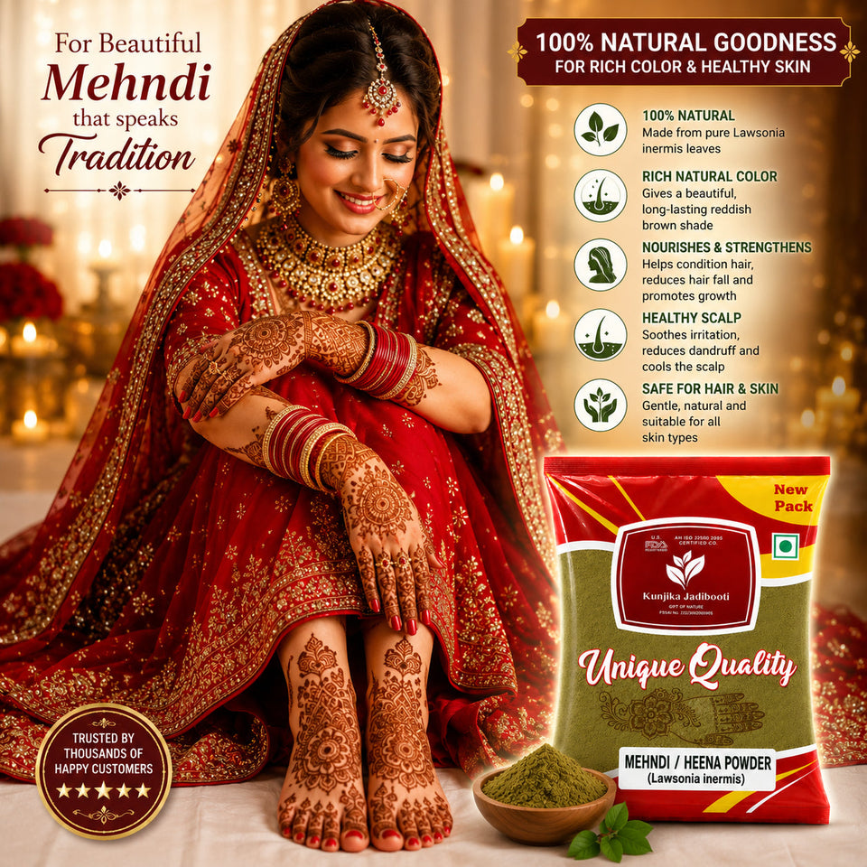 Kunjika Jadibooti Mehandi Leaves Powder | Henna Mehandi Leaves | Whole Natural Pure Henna Leaves Powder - 100 gm