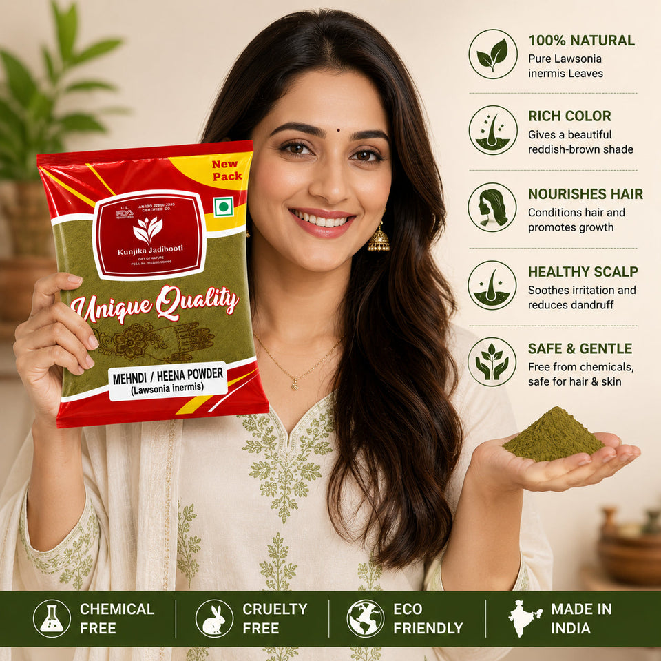 Kunjika Jadibooti Mehandi Leaves Powder | Henna Mehandi Leaves | Whole Natural Pure Henna Leaves Powder - 100 gm