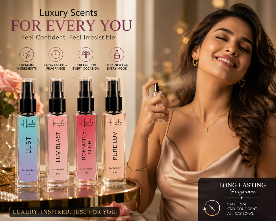 HUNKE EDP Inspired Perfume Set for Men & Women | Set of 4 Premium Long Lasting Fragrances | 8 ml Each | Travel Size Mini Perfume Gift Set | Eau de Parfum Collection - Lust, Luv Blast, Pure Luv, Romance Night