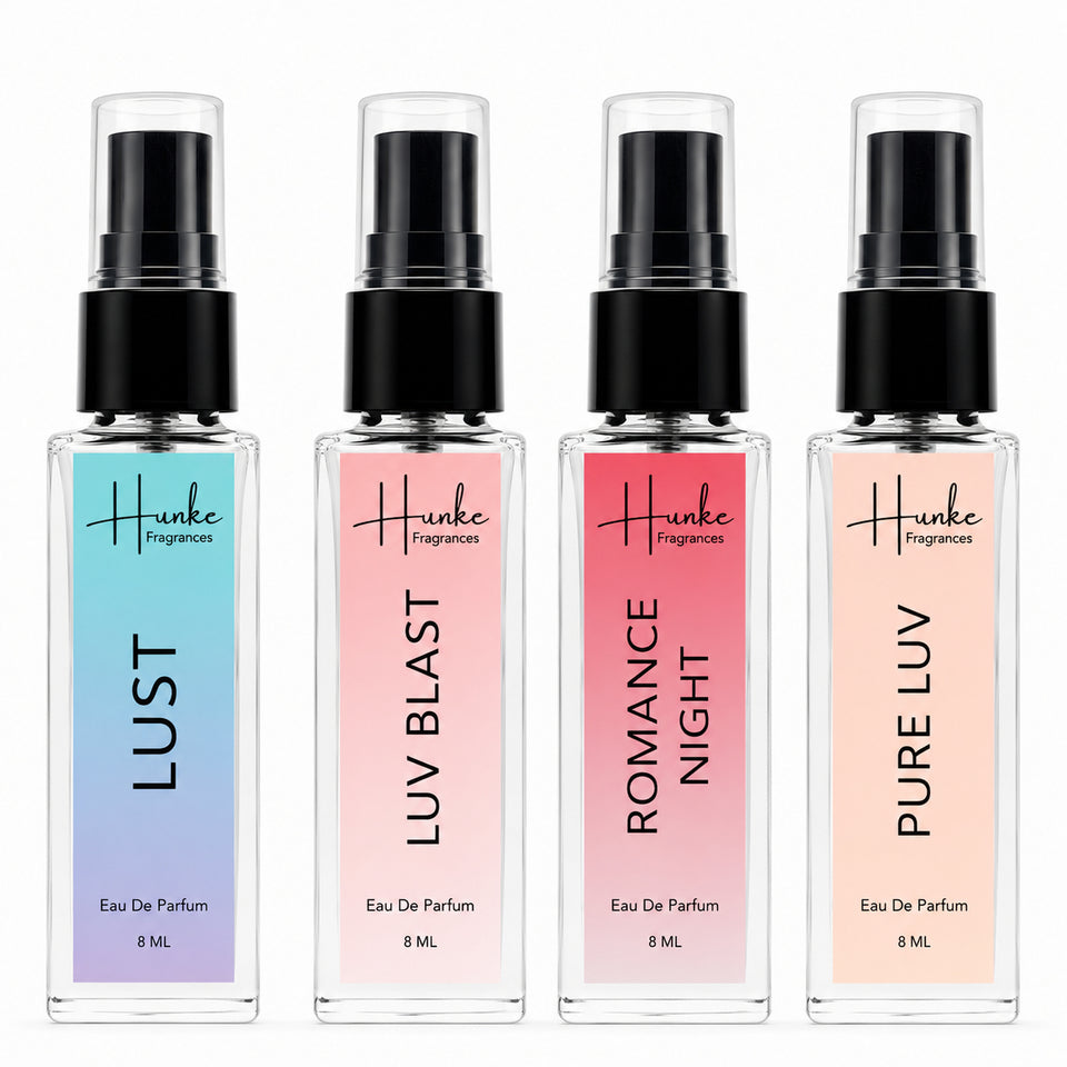 HUNKE EDP Inspired Perfume Set for Men & Women | Set of 4 Premium Long Lasting Fragrances | 8 ml Each | Travel Size Mini Perfume Gift Set | Eau de Parfum Collection - Lust, Luv Blast, Pure Luv, Romance Night
