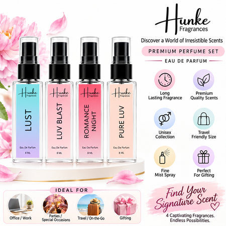 HUNKE EDP Inspired Perfume Set for Men & Women | Set of 4 Premium Long Lasting Fragrances | 8 ml Each | Travel Size Mini Perfume Gift Set | Eau de Parfum Collection - Lust, Luv Blast, Pure Luv, Romance Night