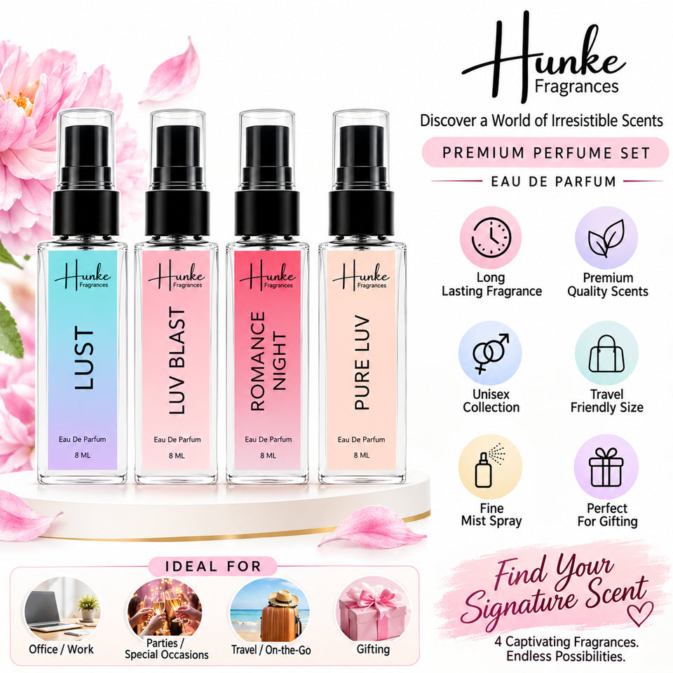 HUNKE EDP Inspired Perfume Set for Men & Women | Set of 4 Premium Long Lasting Fragrances | 8 ml Each | Travel Size Mini Perfume Gift Set | Eau de Parfum Collection - Lust, Luv Blast, Pure Luv, Romance Night