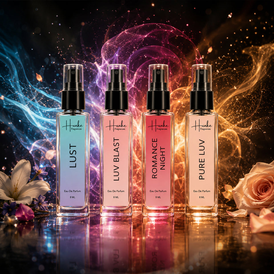 HUNKE EDP Inspired Perfume Set for Men & Women | Set of 4 Premium Long Lasting Fragrances | 8 ml Each | Travel Size Mini Perfume Gift Set | Eau de Parfum Collection - Lust, Luv Blast, Pure Luv, Romance Night