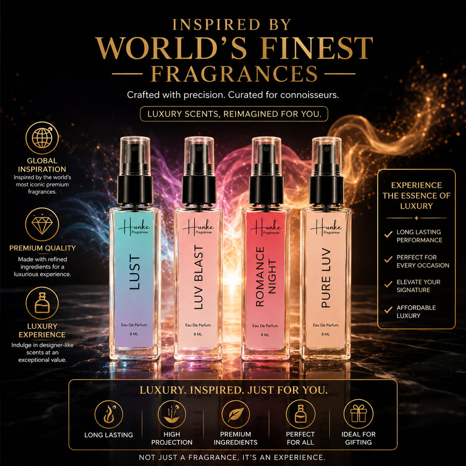 HUNKE EDP Inspired Perfume Set for Men & Women | Set of 4 Premium Long Lasting Fragrances | 8 ml Each | Travel Size Mini Perfume Gift Set | Eau de Parfum Collection - Lust, Luv Blast, Pure Luv, Romance Night
