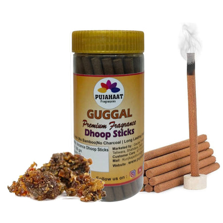 Pujahaat Guggal Premium Scented Incense Stick | Dry Dhoop Stick | No Charcoal, Bambooless | Dhoop Batti 4 inches with free Holder - Guggal Fragrance