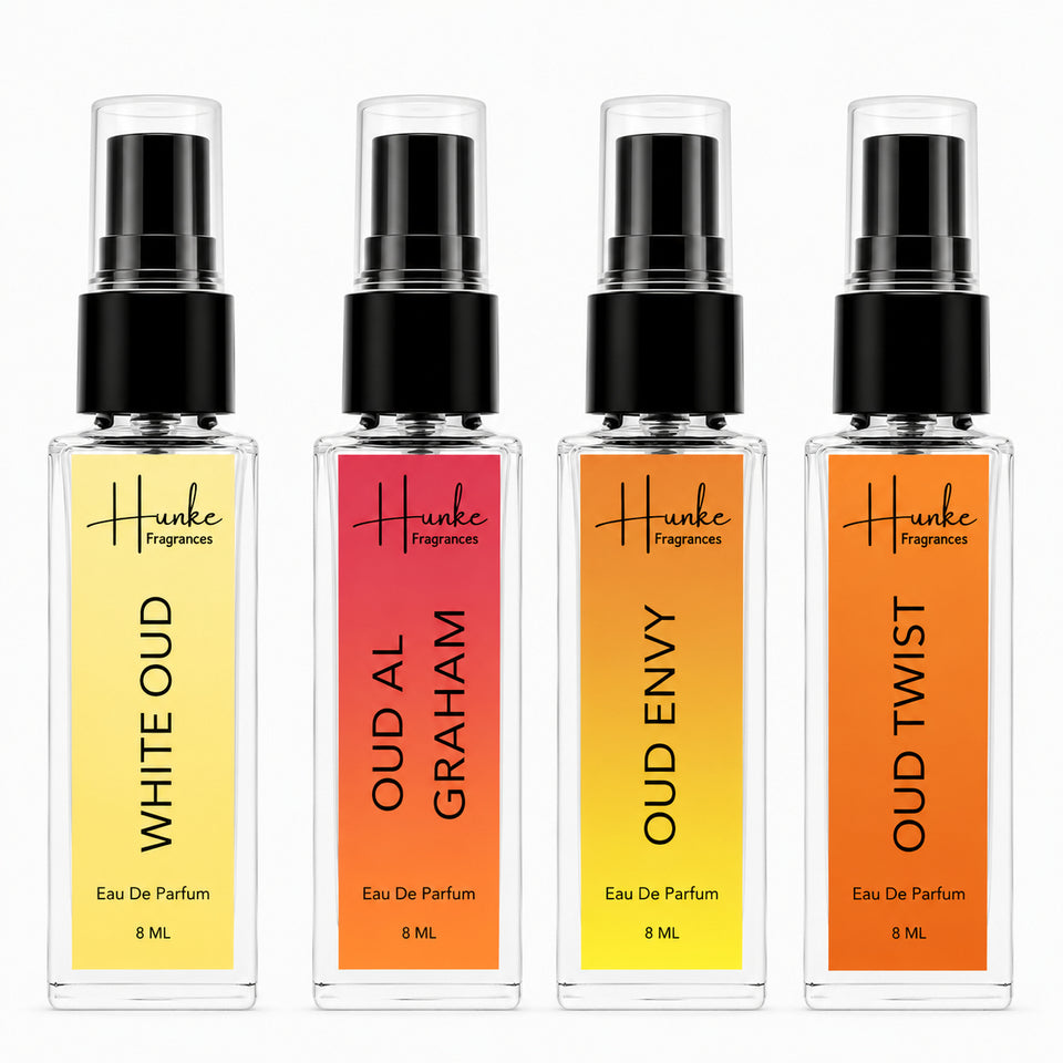 HUNKE EDP Inspired Perfume Set for Men & Women | Set of 4 Premium Long Lasting Fragrances | 8 ml Each | Travel Size Mini Perfume Gift Set | Eau de Parfum Collection - Oud al Grhm, Oud Twist, White Oud, Oud Envy