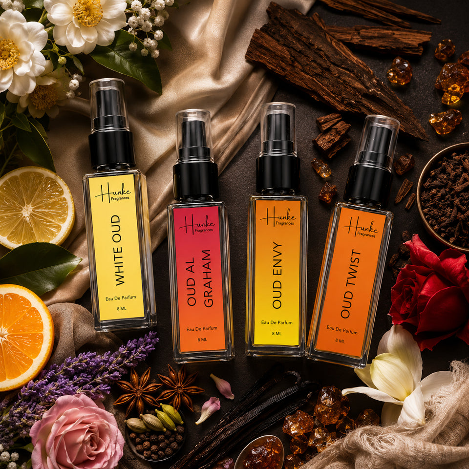 HUNKE EDP Inspired Perfume Set for Men & Women | Set of 4 Premium Long Lasting Fragrances | 8 ml Each | Travel Size Mini Perfume Gift Set | Eau de Parfum Collection - Oud al Grhm, Oud Twist, White Oud, Oud Envy
