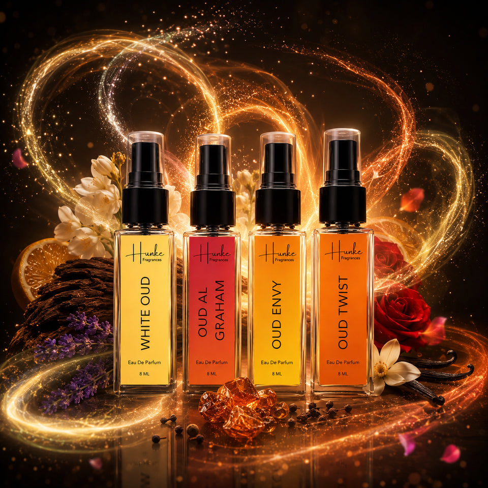 HUNKE EDP Inspired Perfume Set for Men & Women | Set of 4 Premium Long Lasting Fragrances | 8 ml Each | Travel Size Mini Perfume Gift Set | Eau de Parfum Collection - Oud al Grhm, Oud Twist, White Oud, Oud Envy