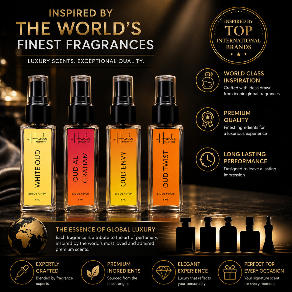 HUNKE EDP Inspired Perfume Set for Men & Women | Set of 4 Premium Long Lasting Fragrances | 8 ml Each | Travel Size Mini Perfume Gift Set | Eau de Parfum Collection - Oud al Grhm, Oud Twist, White Oud, Oud Envy