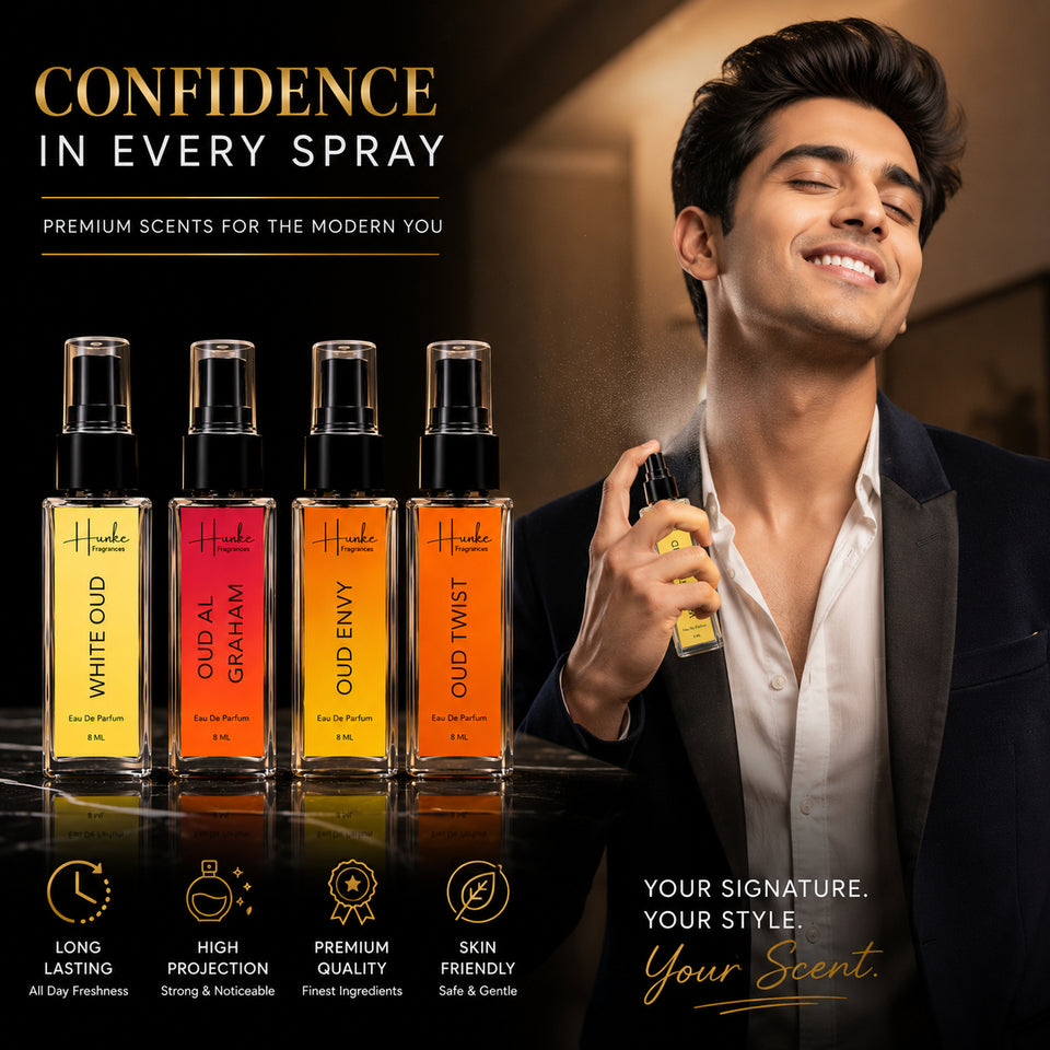 HUNKE EDP Inspired Perfume Set for Men & Women | Set of 4 Premium Long Lasting Fragrances | 8 ml Each | Travel Size Mini Perfume Gift Set | Eau de Parfum Collection - Oud al Grhm, Oud Twist, White Oud, Oud Envy