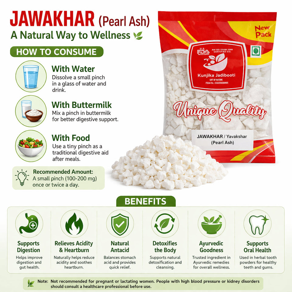 Kunjika Jadibooti Jawakhar - Pearl Ash - Vinarghya - Marduppu - Jhadache Meeth - Yavakshar - Jawa Khar - Jawakhar asli - Java Khar - 100 gm