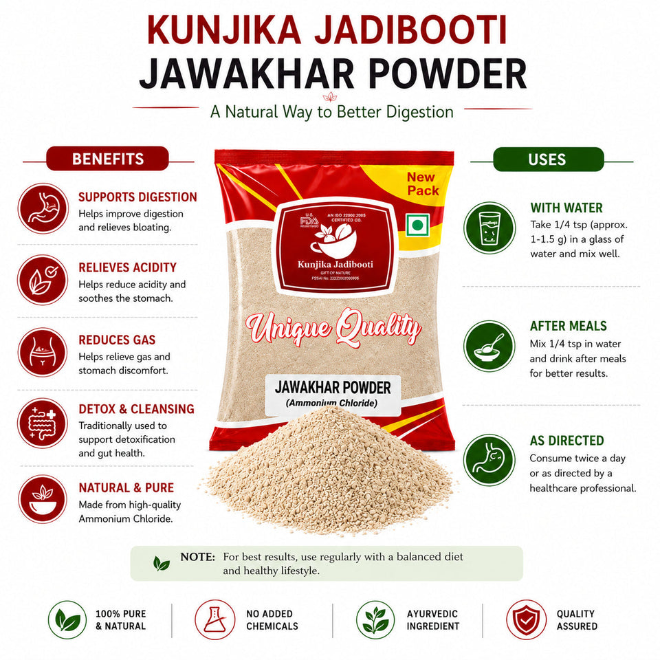 Kunjika Jadibooti Jawakhar Powder - Pearl Ash - Vinarghya - Marduppu - Jhadache Meeth - Yavakshar - Jawa Khar - Jawakhar asli - Java Khar Powder - 100 gm