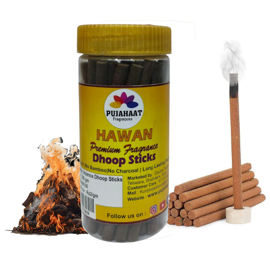 Pujahaat Hawan Rare Premium Scented Incense Stick | Dry Dhoop Stick | No Charcoal, Bambooless | Dhoop Batti 4 inches with free Holder - Hawan Fragrance