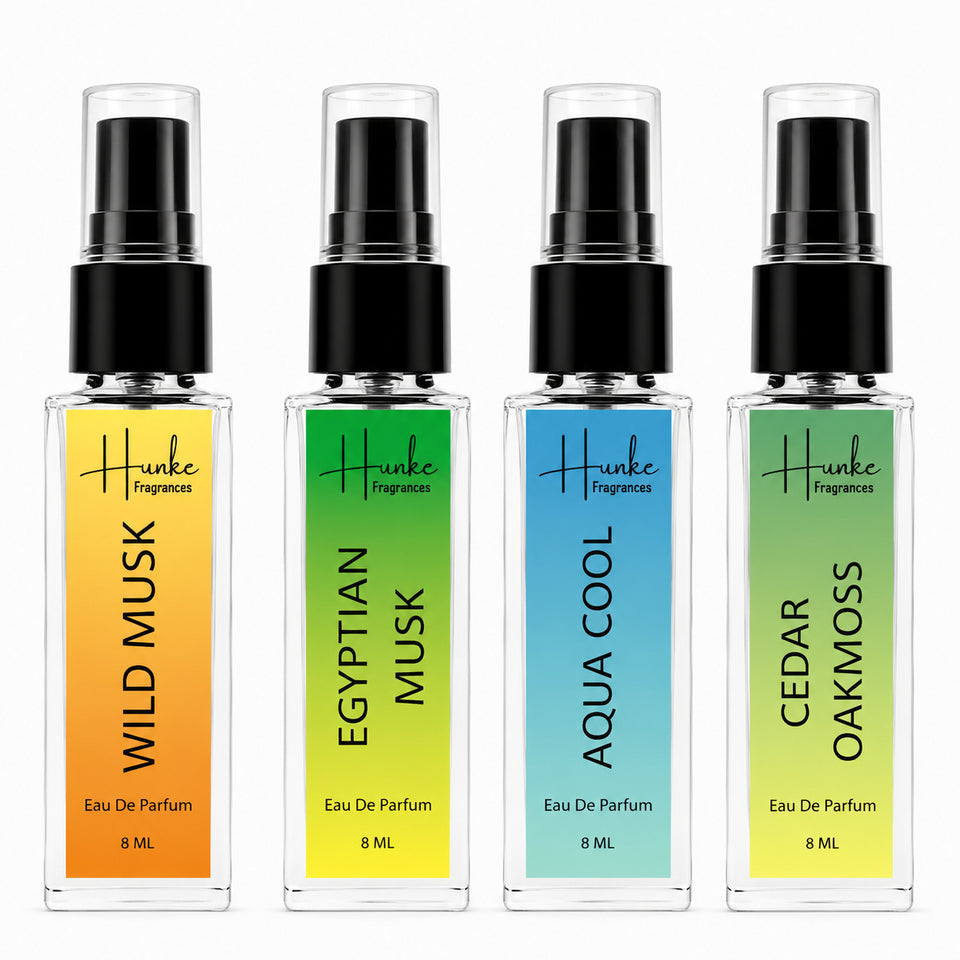 HUNKE EDP Inspired Perfume Set for Men & Women | Set of 4 Premium Long Lasting Fragrances | 8 ml Each | Travel Size Mini Perfume Gift Set | Eau de Parfum Collection - Aqua Cool, Wild Musk, Egyptian Musk, Cedar Oakmas