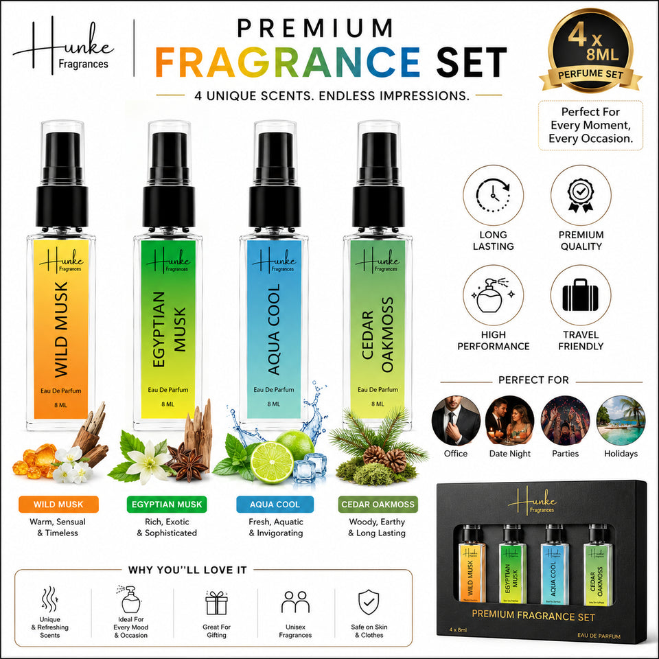 HUNKE EDP Inspired Perfume Set for Men & Women | Set of 4 Premium Long Lasting Fragrances | 8 ml Each | Travel Size Mini Perfume Gift Set | Eau de Parfum Collection - Aqua Cool, Wild Musk, Egyptian Musk, Cedar Oakmas