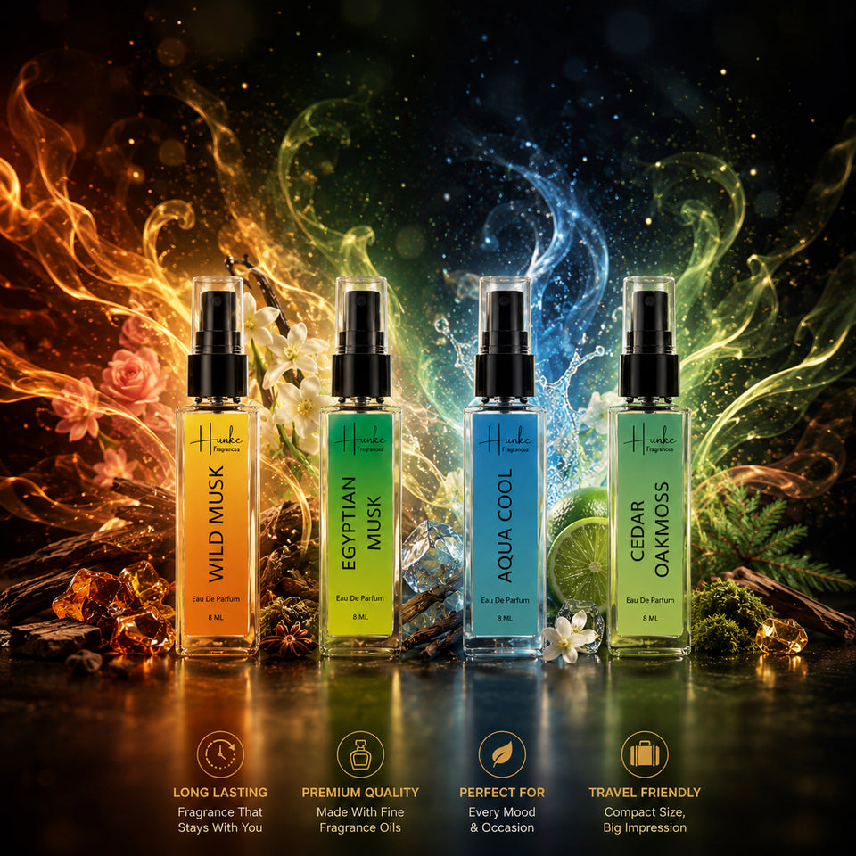 HUNKE EDP Inspired Perfume Set for Men & Women | Set of 4 Premium Long Lasting Fragrances | 8 ml Each | Travel Size Mini Perfume Gift Set | Eau de Parfum Collection - Aqua Cool, Wild Musk, Egyptian Musk, Cedar Oakmas